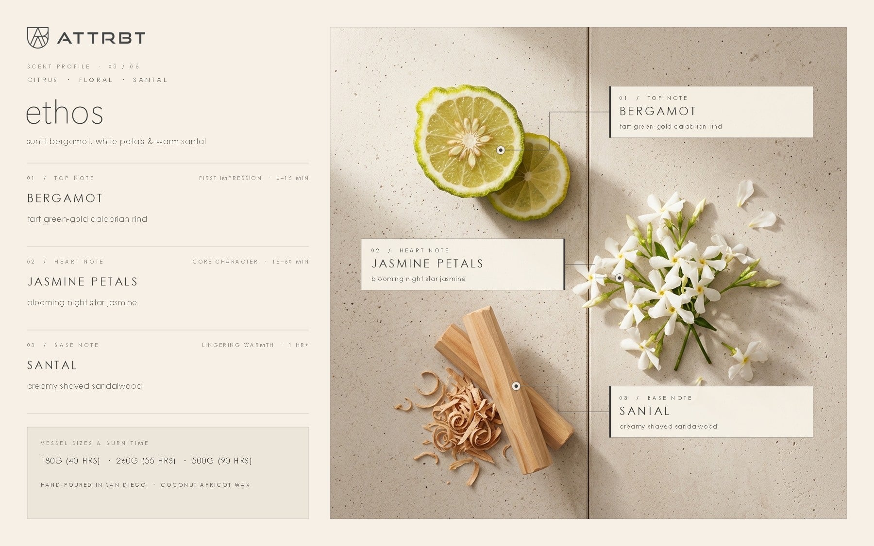 ATTRBT ethos scent profile — top note bergamot, heart note jasmine petals, base note santal