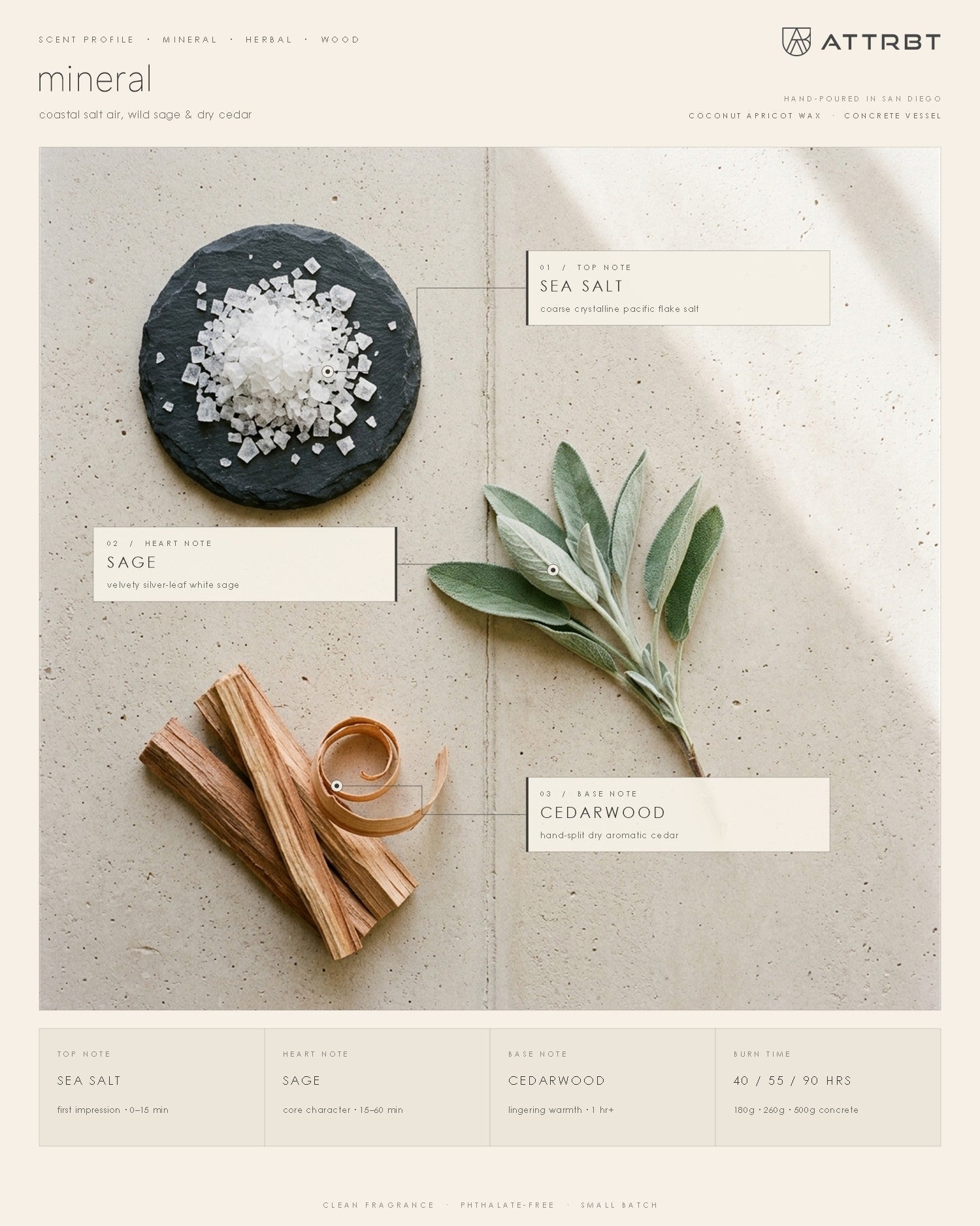 ATTRBT mineral scent profile — top note sea salt, heart note sage, base note cedarwood